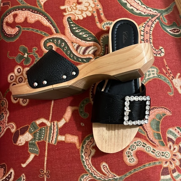 Claire Charolette black leather with rhinestone buckle sandals - Picture 2 of 6